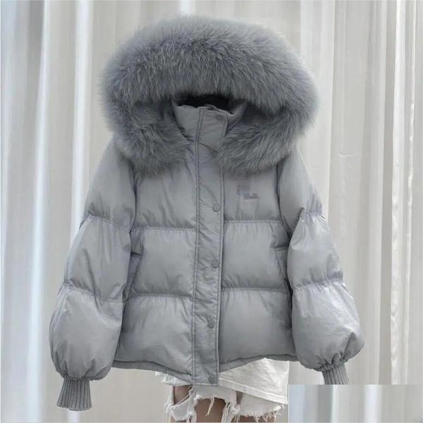 Mulheres para baixo parkas p-ra designer de luxo mulheres jaqueta marcas moda senhora solta engrossado curto raposa grande gola de pele pato branco para fora dhowa