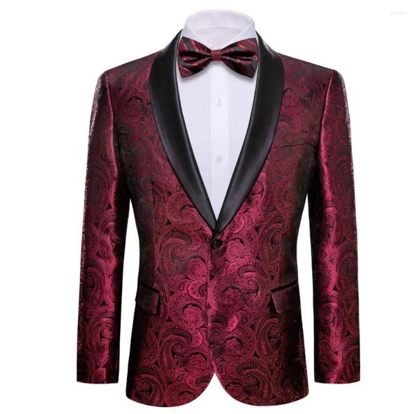 Erkek Suit Silk Erkek Kırmızı Siyah Paisley Blazer Bowtie Set İnce Fit Sıradan İş Ceketi Ceket Düğün Sağdı Elbise Barry.Wang