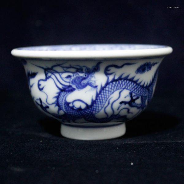 Xícaras pires jingdezhen porcelana desenhada dragões duplos azuis e brancos brincando com miçangas pressionadas xícara de chá single single