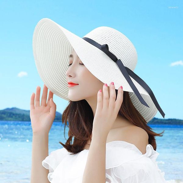 Hüte mit breiter Krempe HT1679 Mode Strohhut Damen Sonne Damen Solid Black Ribbon Bow Floppy Beach Damen Packable Sommer