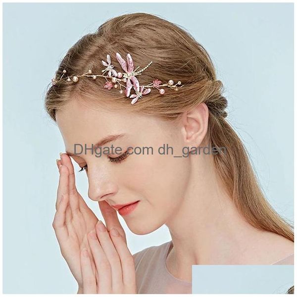 Cerchietti fatti a mano rosa libellula copricapo perle fascia da sposa Boho gioielli per capelli da sposa per le donne fascia consegna goccia Je Dhgarden Dh8Dm