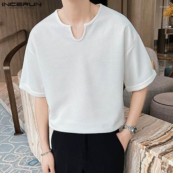 Magliette da uomo INCERUN Tops 2023 Stile coreano Mens Waffle con scollo a V Camiseta Moda Casual Uomo Vendita Solid T-shirt manica corta S-5XL