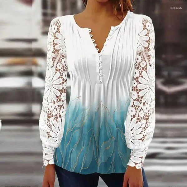 Camicette femminili 2023 Applique floreali Donne camicetta primaverile top a maniche lunghe camicie patchwork in pizzo