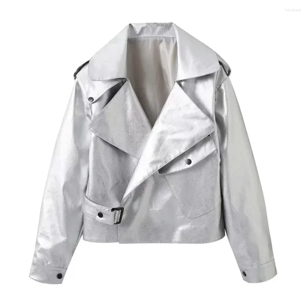 Damen Leder 2023 Mode Lässig Charme Silber Personalisiertes Design Künstliche Jacke Retro Langarm Taschenmantel