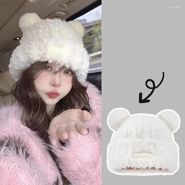 Berets bonito urso orelha grossa quente de pelúcia mulheres chapéu inverno engrossar pele macia falso à prova de vento earmuffs boné beanies bonnet