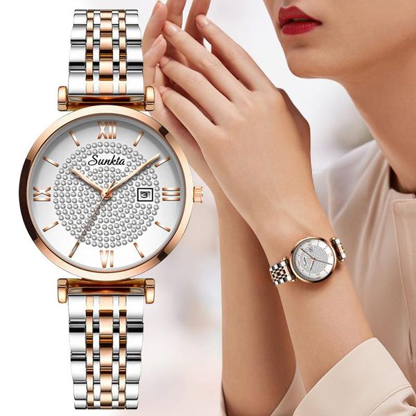 Orologi da polso SUNKTA Fashion Womens Watch Antiurto Impermeabile Luxury Ladies Bracciali in metallo Diamond Dial Orologi cinesi Regali al quarzo