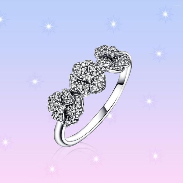 Anelli a grappolo Triple Pansy Flower Ring Moments Collection 925 Sterling Silver Luxury Gorgeous Charming Anniversary Beauty Of Spring