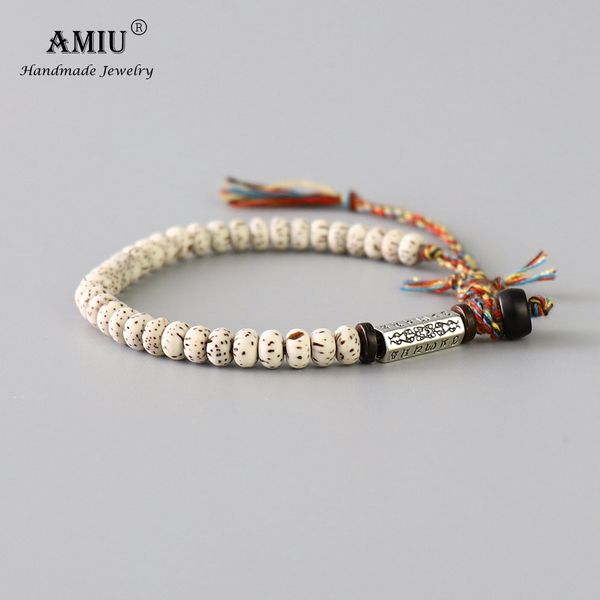 Bettelarmbänder AMIU tibetisch-buddhistischer geflochtener Baumwollfaden Glücksknoten Armband natürliche Bodhi-Perlen geschnitztes Amulett handgefertigtes Armband für Männer 230410