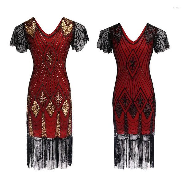 Повседневные платья 2023 летнее ар -деко ретро черное платье 20S Женская вечеринка халат Femmel 1920 -х годов Gatsby Sequin Fringe Midi