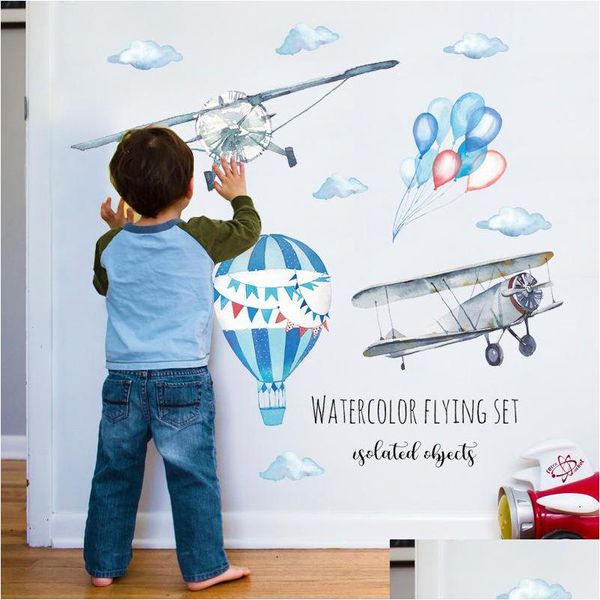 Wandaufkleber Aquarell Flugzeug Luftballon Aufkleber Kinder Babyzimmer Dekoration Pvc Wandbild Aufkleber Kinderzimmer Tapete Drop Delive Dhdxh