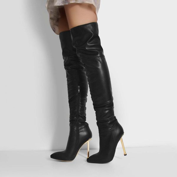 2023 Leder Damen Martin Stiefel Plünderung Zehen Gold High Heels Ritter Oberschenkelhohe Stiefel Kniehohe Stiefeletten spitze lange Knie Hochzeitsschuhe Reißverschluss Plissee große Größe 35-46