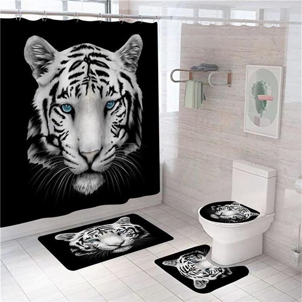 Cortinas de chuveiro tigre leopardo animais impressão cortina conjunto poliéster no banheiro banho tapete tapetes casa decor292j