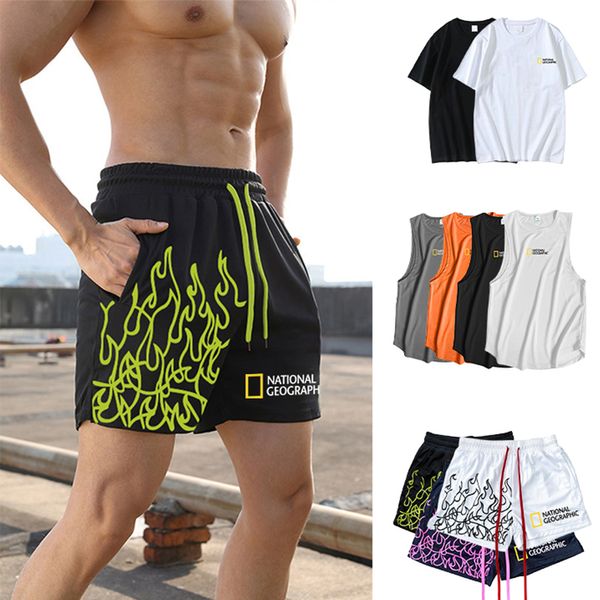 Herren Shorts Lässig Sommer Fitness Flammendruck Eis Seide Cool Einfaches Kurzarm T-Shirt Ärmellos Schnell trocknend Weste 230411