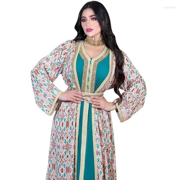 Abbigliamento etnico Abito musulmano Abiti Dubai sauditi Set due pezzi Abaya con cintura Diamanti lussuosi Maniche lunghe Abito affascinante Immagine reale