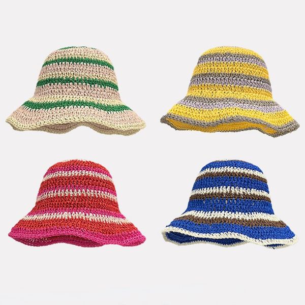 Cappelli a tesa avari Ins giapponese Cappello a secchiello a righe arcobaleno per le donne Cappello da sole all'uncinetto intrecciato a mano Cappello da spiaggia a tesa larga Cappello da pescatore bohémien 230411