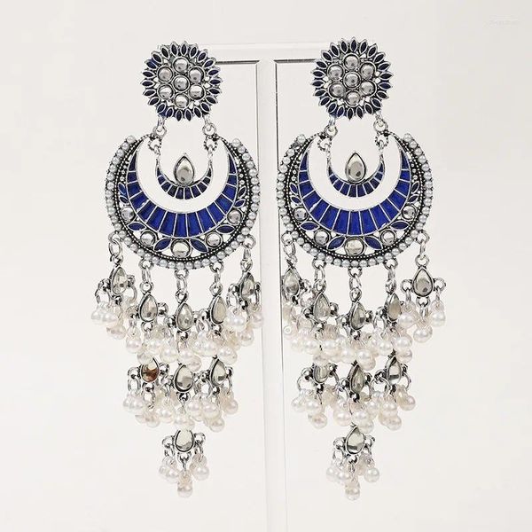 Orecchini a bottone bohémien lunghi Jhumka Jhumki moda cristallo bianco nappa di perle geometriche per le donne festa di nozze