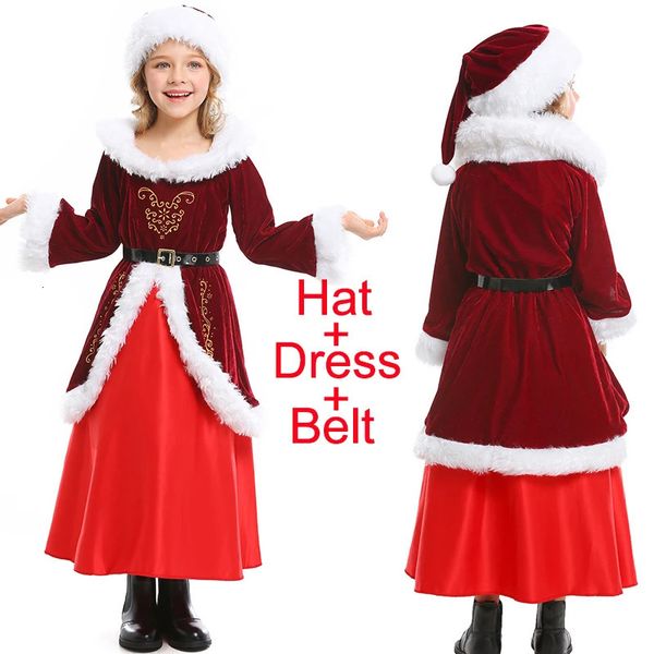 Conjuntos de roupas Crianças Ano Festa de Natal Desempenho Cosplay Traje Vinho Vermelho Vestido Longo Bonito Xmas Girl Dress com Chapéu e Cinto 231110