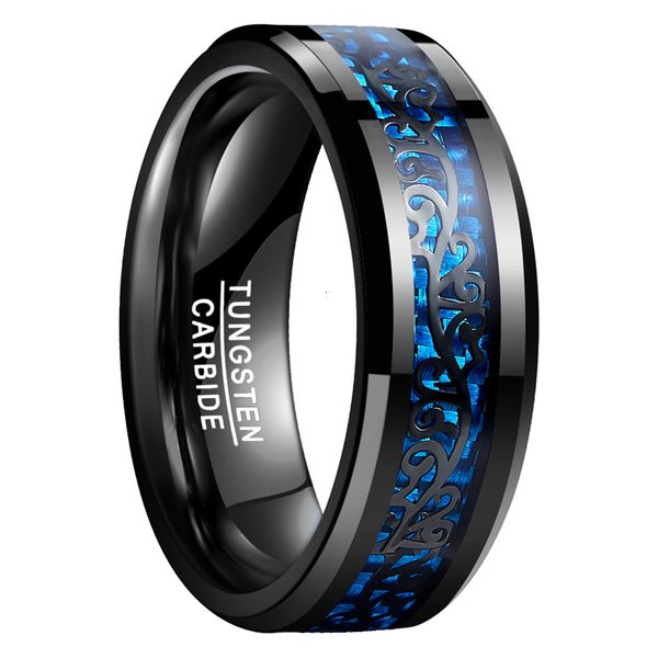 Anéis de banda NUNCAD 8mm Bandas de casamento Anel de noivado chapeamento preto anel de carboneto de tungstênio incrustado padrão de videira azul fibra de carbono mens jóias 230410