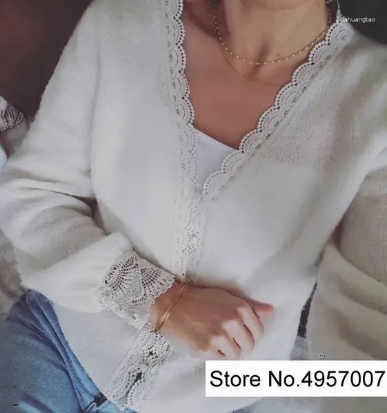 Kadın Örgüleri Elfstyle Ladies Alpaca yün v Boyun Dantel Patchwork Örgü Kazak Cardigan - Kadınlar Beyaz/Donanma Örme Üst