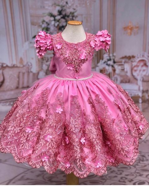 Luxo rosa vestido de baile flor menina dresse contas crianças aniversário pageant vestidos com arco crianças da criança do bebê vestidos de casamento convidados