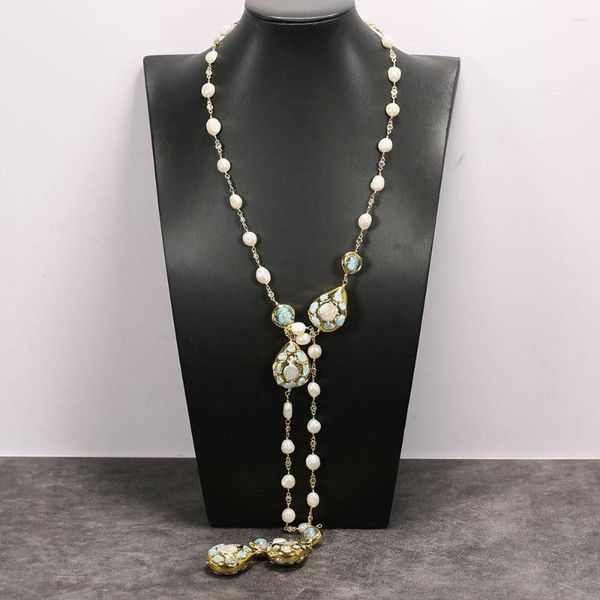 Подвесные ожерелья Guaiguai Ювелирные изделия настоящий белый кеши жемчужный ларимар Голубой океан Джаспер Лонг Розарий Многоцветное CZ Che Chain Collese Simple Women