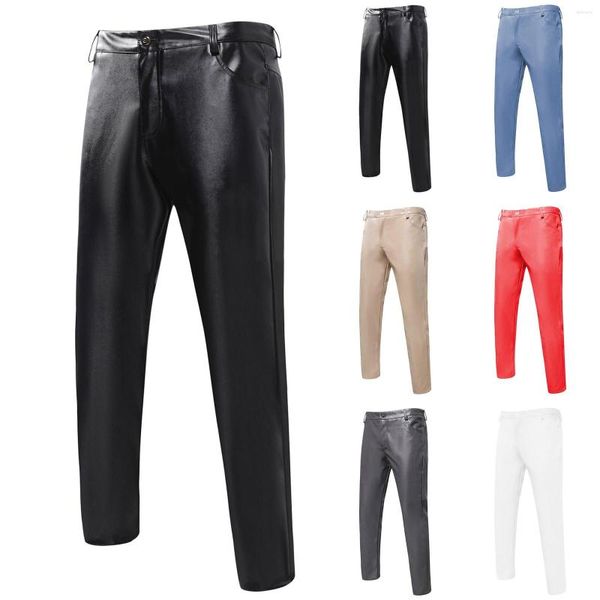 Calça masculina masculino, ajuste de couro brilhante calças de cor sólida com cor de performance de performance reta Line