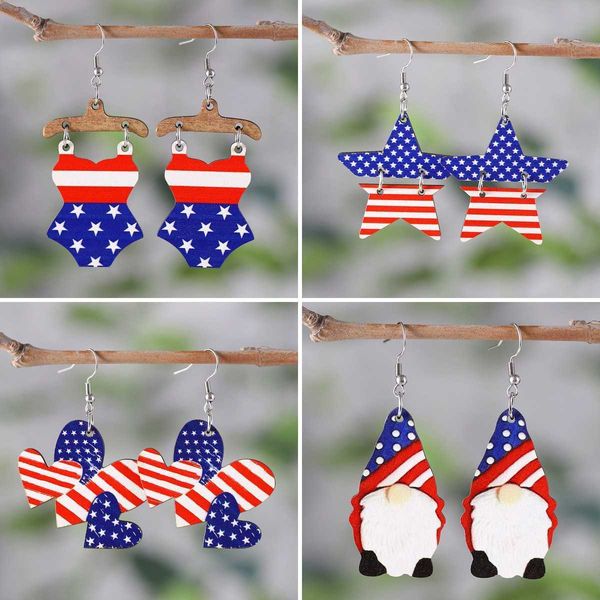 Dangle Chandelier New American Independence Day Ohrringe Flag Star Stripe Cardioid Swimwear Small Dwarf Panel Double Sided Wooden Ear Rings Gift Z0411