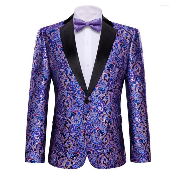 Мужские костюмы Дизайнерский костюм Мужской шелковый пиджак с галстуком-бабочкой Фиолетовый синий розовый цветок Мужской пиджак Пальто Тонкий повседневное свадебное платье Barry.Wang