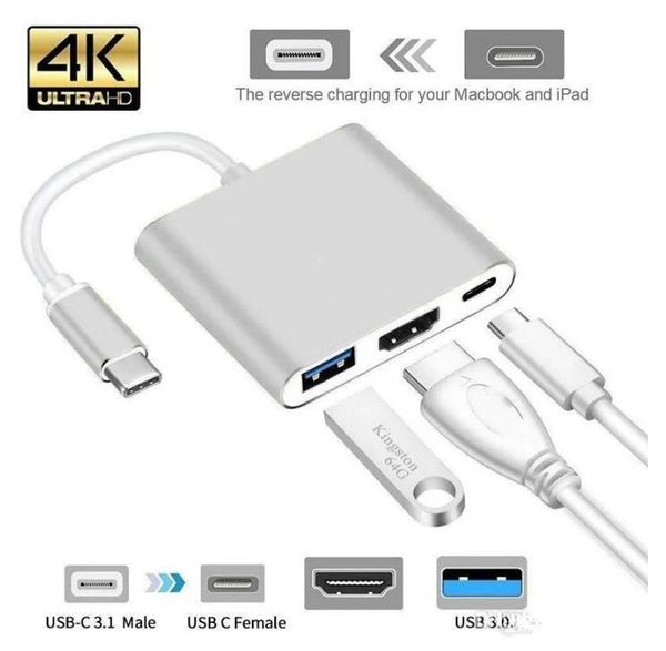 Connettori audio USB-C 3.1 Type-C a 4K HD-Out Connettori 1080p Adattatore multiporta AV digitale Caricatore HUB USB 3.0 OTG per Macbook 12