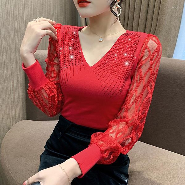 Die T-Shirts #5812 der Frauen Frühlings-schwarzes rotes gestricktes Hemd-Frauen-V-Ansatz Diamant-reizvolles dünnes T-Shirt der Frauen gespleißte Laternen-Hülse Koreaner