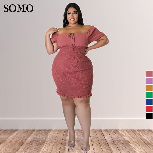 Vestidos de tamanho plus sherm roupas de verão tamanho de cor sólida sexy para mulheres uma palavra colar mini vestido hip wrap clubwear ladacsale gota 230410