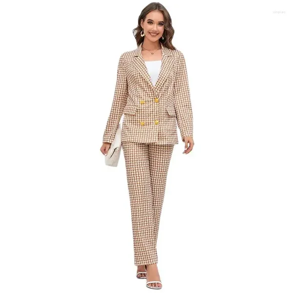 Calças de duas peças femininas Mulheres Houndstooth Terno de duas peças Desenvolve Blazers de peito duplo Blazers retas Autumn feminino de 2 peças