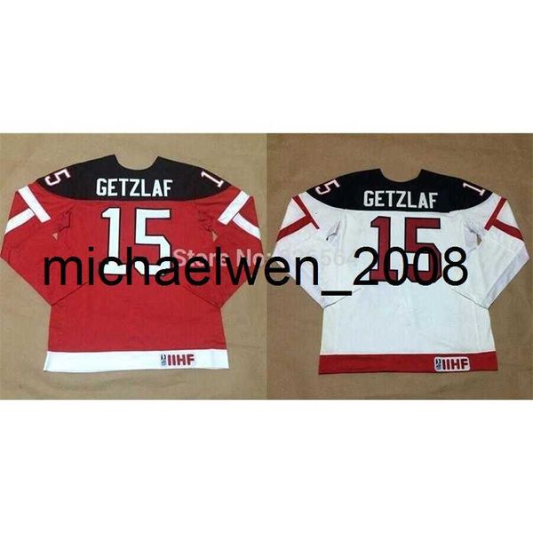 Weng 2016 #15 Ryan Getzlaf Trikot Team National 2015 World Juniors Hockey Jersey mit IIHF und 100. Jubiläum – rot und weiß