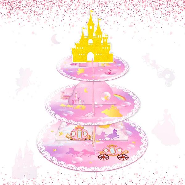 Articoli per feste Espositore per torta a 3 strati Cartoon Princess Castle Espositore per cupcake Supporto per vassoio per doccia per bambini di compleanno