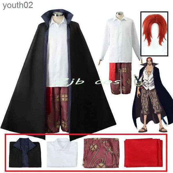 Costumi anime Film Red Shanks Cosplay Anime Come Cloak Adulti Uomini One Piece Trench Outfit Completo Halloween Party Capelli rossi Pirati Parrucca ZLN231111