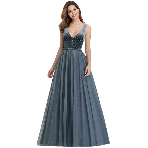 lila Kleid Vestidos De Gala Para Fiestas Abend Dusty Navy Velvet Mesh V-Ausschnitt formelle Ballkleider für Frauen