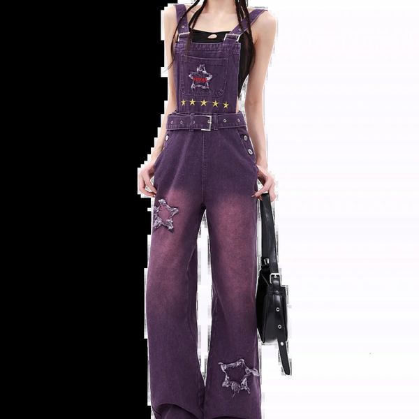 Frauen Jeans Patchwork Star Demin Overalls für Frauen Herbst Winter Gerade Overall Frau Lila Koreanische Mode Ins Hosen Y2K 231110