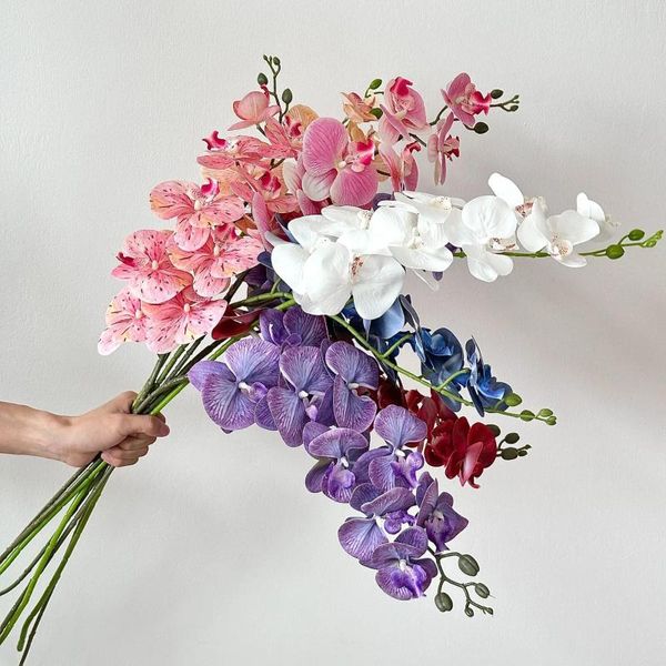 Flores decorativas de luxo, 9 cabeças, grande ramo de orquídea, impressão 3d, flor artificial, decoração de casamento, decoração de quarto