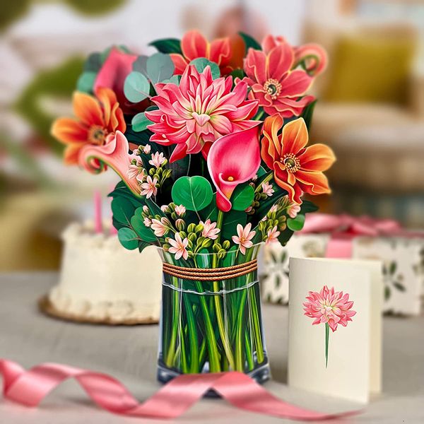 Cartões de felicitações Buquê de flores pop -up Excelente papel 3d Lírios para presentes do dia das mães 230411