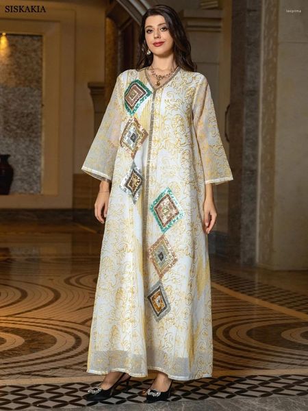 Ethnische Kleidung Siskakia Dubai Abendparty Gold Mesh Stickerei Pailletten Langarm V-Ausschnitt Casual Abaya Mode Chic Saudi Frauen Kaftan