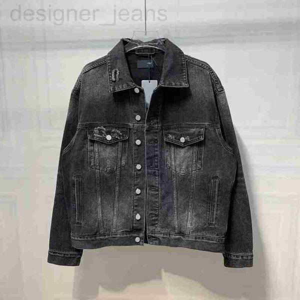 Damenjacken Designer BL23SS Lose Herren- und Polokragen-Herbst-/Winterjacke, gewaschener, alter, mit Löchern geflickter Denim-Mantel ZAHK