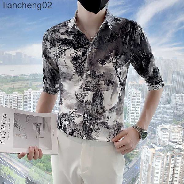 Camicie casual maschile in stile cinese camicie da uomo 2022 estate 3/4 maniche casual camicia slim business camicie formali camicie streetwear party smoking camicetta W0410