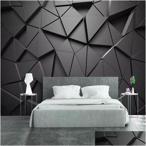 Tapeten Moderne kreative 3D geometrische abstrakte graue Dreieck große Wandbild Tapete Wohnzimmer TV Wand Home Decor Tuch Fresco Dro Dhx9P