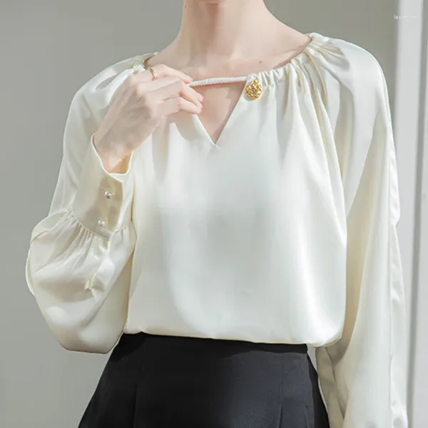 Damenblusen, Tropfen-Chiffon, für Damen, Kleidung, modisch, elegant, Satin, Damen, lange Ärmel, Tops, V-Ausschnitt, solide, Büro-Dame, Knopfleiste