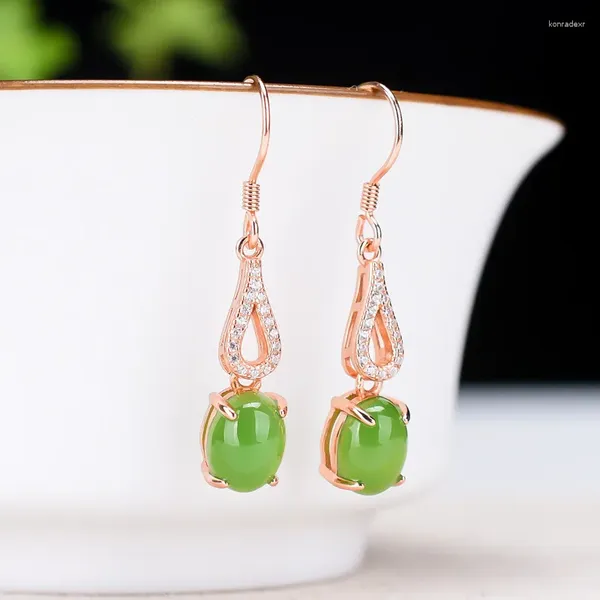 Pendientes colgantes con certificado de envío, Jade VERDE Natural Hetian, Plata de Ley 925 con circón, pendiente de gota de oro rosa, joyería para mujer