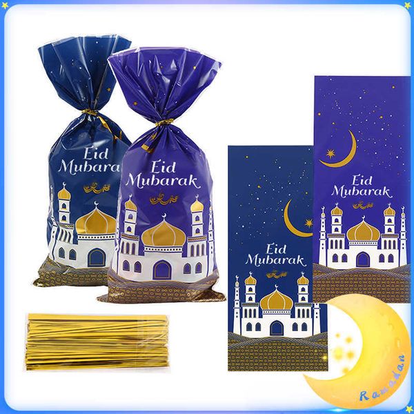 4 PC Geschenkpapier Ramadan Dekoration 50 Stücke Eid Mubarak Geschenktüten Kunststoff Plätzchen Süßigkeiten Tasche Ramadan Islamische Muslim Party Supplies Eid Geschenkverpackung Z0411