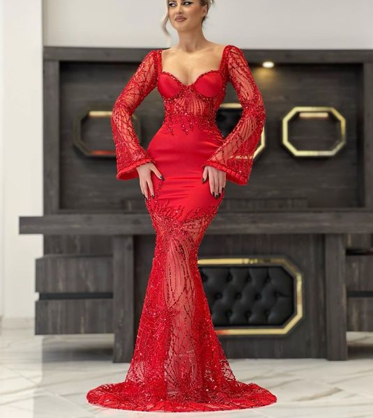 Kırmızı deniz kızı gece elbise uzun kollu v boyun boncuklu aplikler payetler 3d dantel saten boşluk uzunluğu parlak balo elbisesi resmi elbise artı boyutu elbise parti elbise