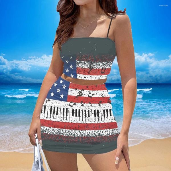 Arbeitskleider Doginthehole Trend Teenager Mädchen Weiches Kurzes Kleid Set Klavier Amerikanische Flagge Zweiteiliges Crop-Top und Miniröcke Sommer-Outfits