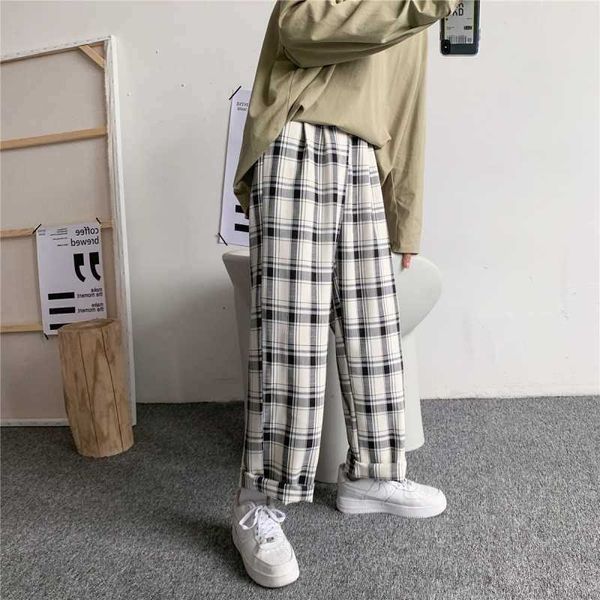 Herrenhosen Herrenhosen Plaid Lose Bequem Retro Lässig Allgleiches Elastische Taille Schicke Hose mit weitem Bein Mode Streetwear Korean Style W0414