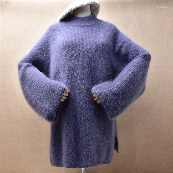 Suéter feminino feminino outono inverno roupas grossas quentes angora cabelo de malha gola alta mangas compridas soltas pulôver